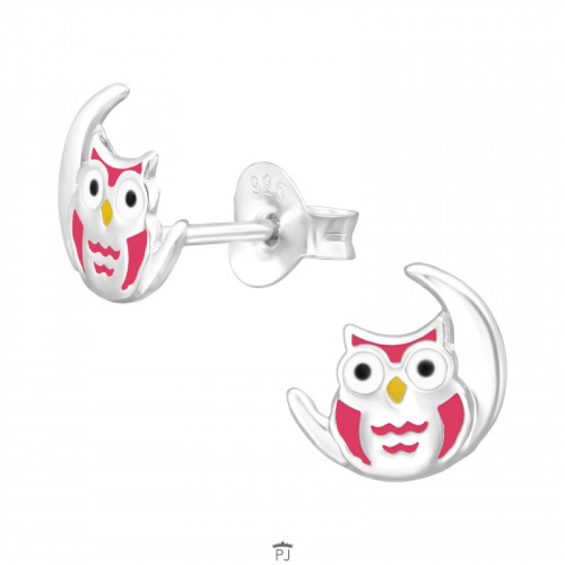 Oorknopjes zilver uil op maan roze